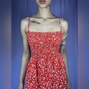 Red Ditsy Floral Daisy Polka Dot Mini Dress Size L Spaghetti Strap Coquette MIni